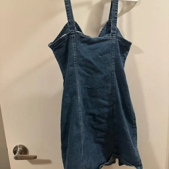 Button-Front Denim Mini Dress in Dark Blue - Picture 2 of 3